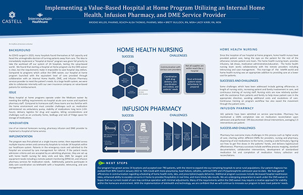 Thumbnail preview of Implementing a Value-Based Hospital at Home Program Utilizing an Internal Home Health, Infusion Pharmacy, and DME Service Provider Poster